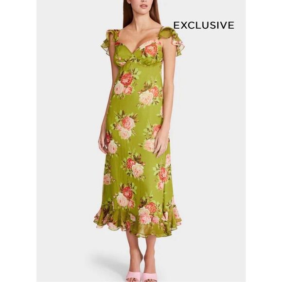 Betsey Johnson Size Medium Maxi Slip Dress Green With Pink Roses Flutter Straps - Picture 1 of 10